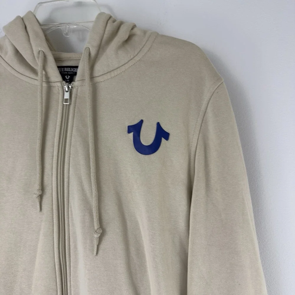 True Religion Men's Buddha Zip Hoodie Beige Full Zip L Graphic Fleece Lined‎